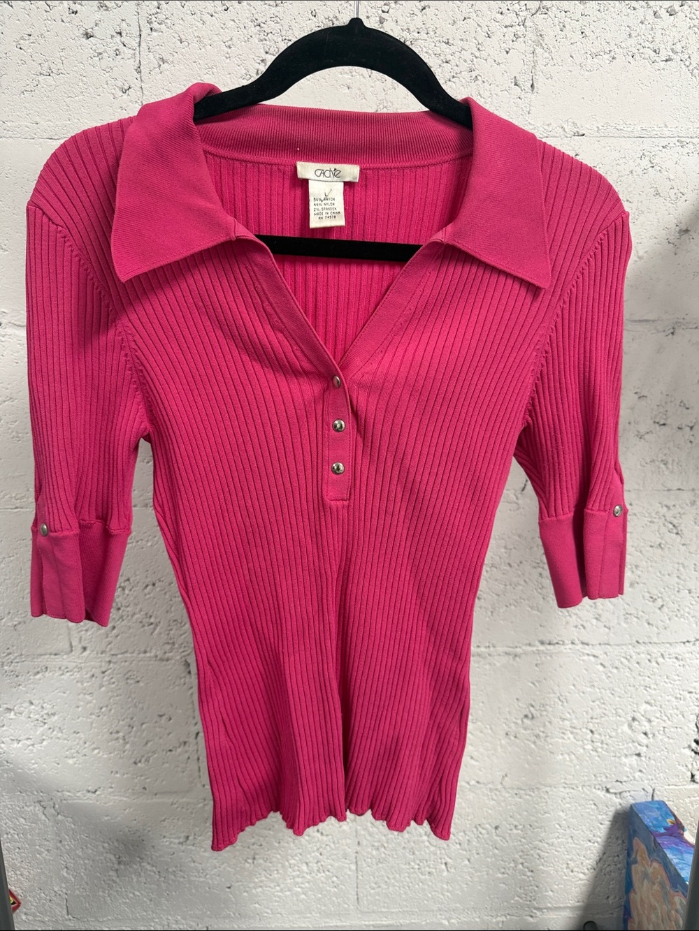 Women's Ribbed Polo Top in Hot Pink CACHE Size Large